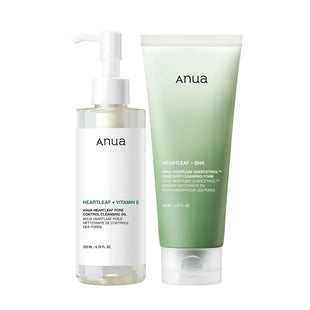 Anua Dúo limpiador doble para limpieza facial: aceite limpiador de control de poros Heartleaf y espuma de limpieza profunda de poros de quercetinol Heartleaf para doble limpieza, removedor de puntos
