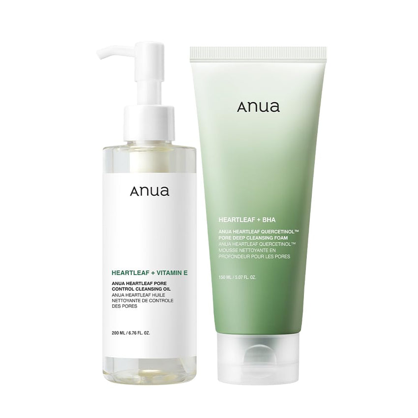 Anua Dúo limpiador doble para limpieza facial: aceite limpiador de control de poros Heartleaf y espuma de limpieza profunda de poros de quercetinol Heartleaf para doble limpieza, removedor de puntos