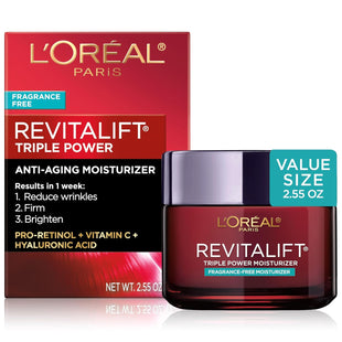 Crema facial hidratante facial de L'Oreal Paris Skin Care, Revitalift Triple Power anti-edad con Pro Retinol. 2.55 Oz